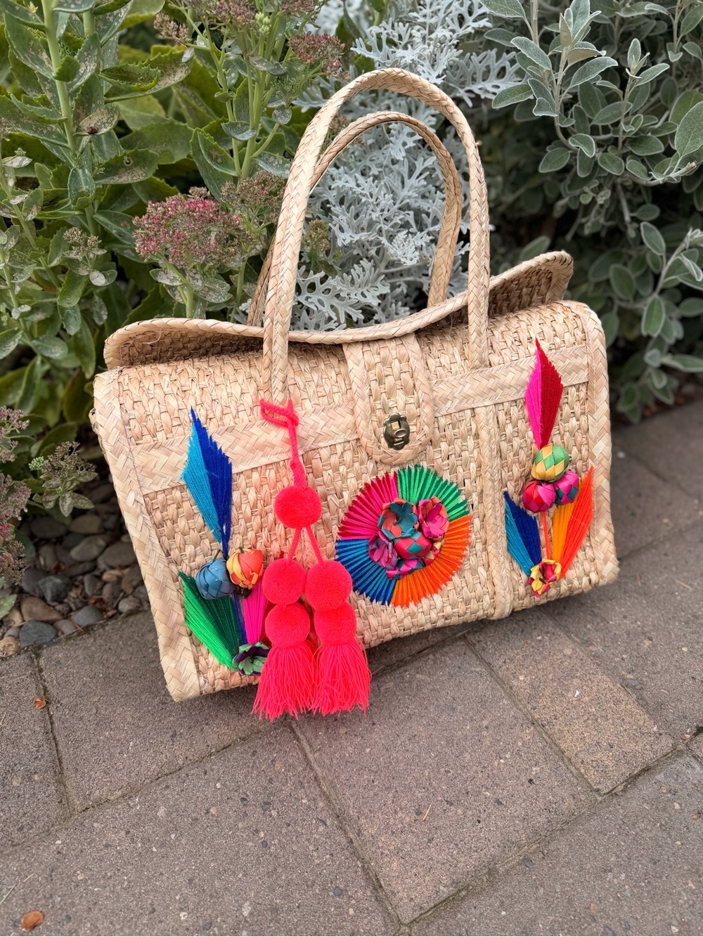 Nativa Handwoven Straw Tote with Bright Multicolor Poms and Hot Pink Tassel
